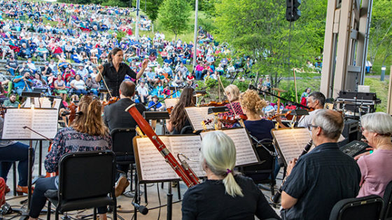 Orchestra with large crowd in background